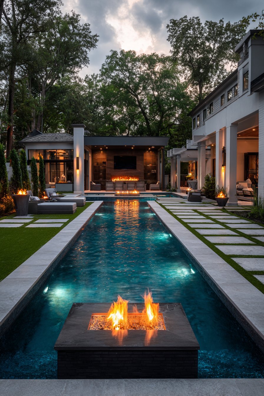 Contemporary Geometric Pool with Fire Features