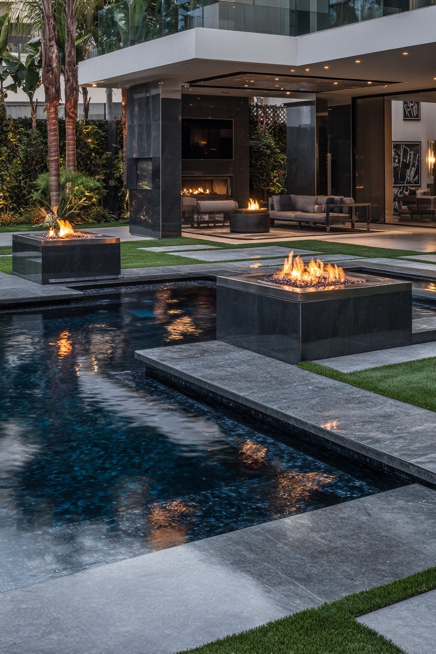 Contemporary Geometric Pool with Fire Features