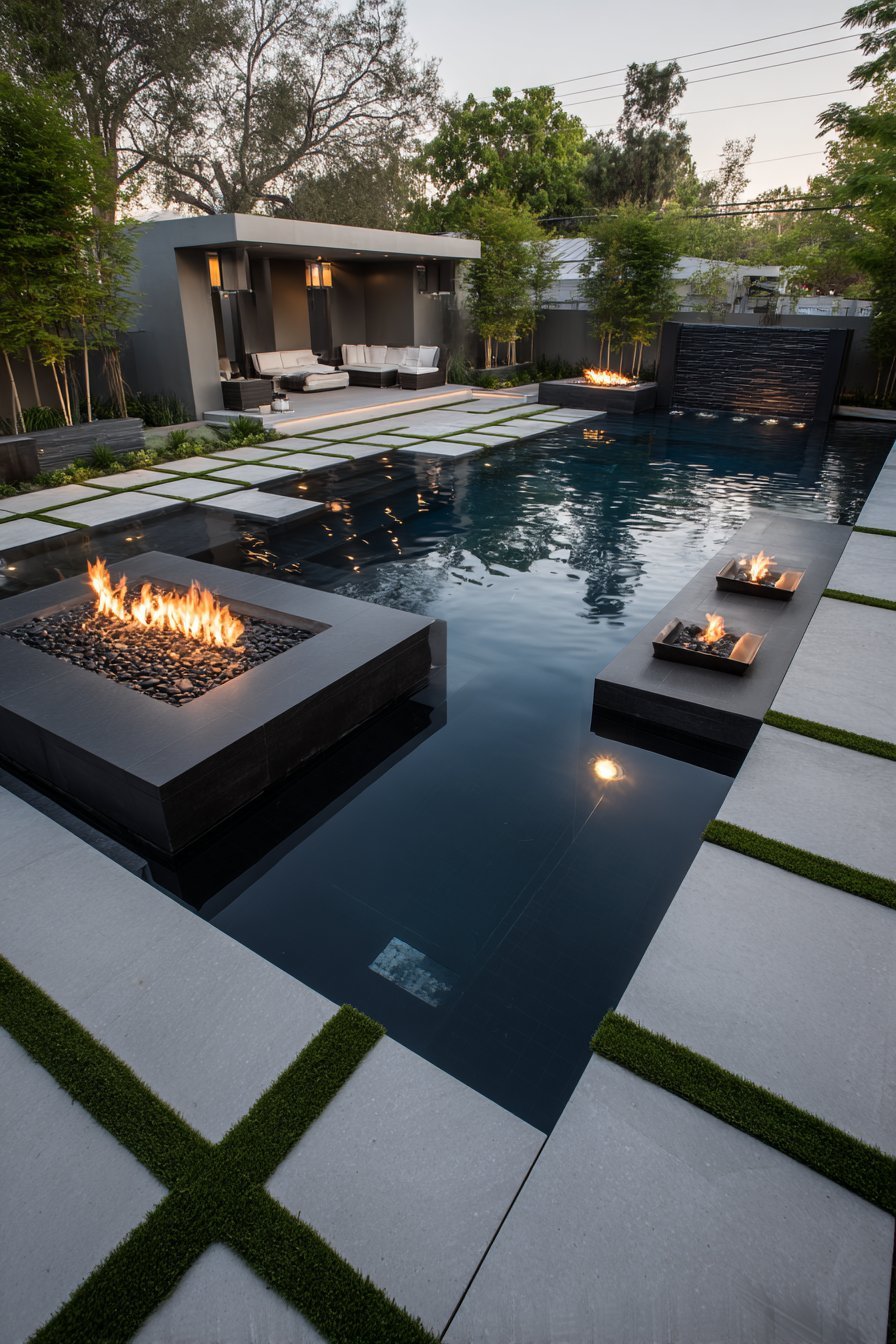 Contemporary Geometric Pool with Fire Features