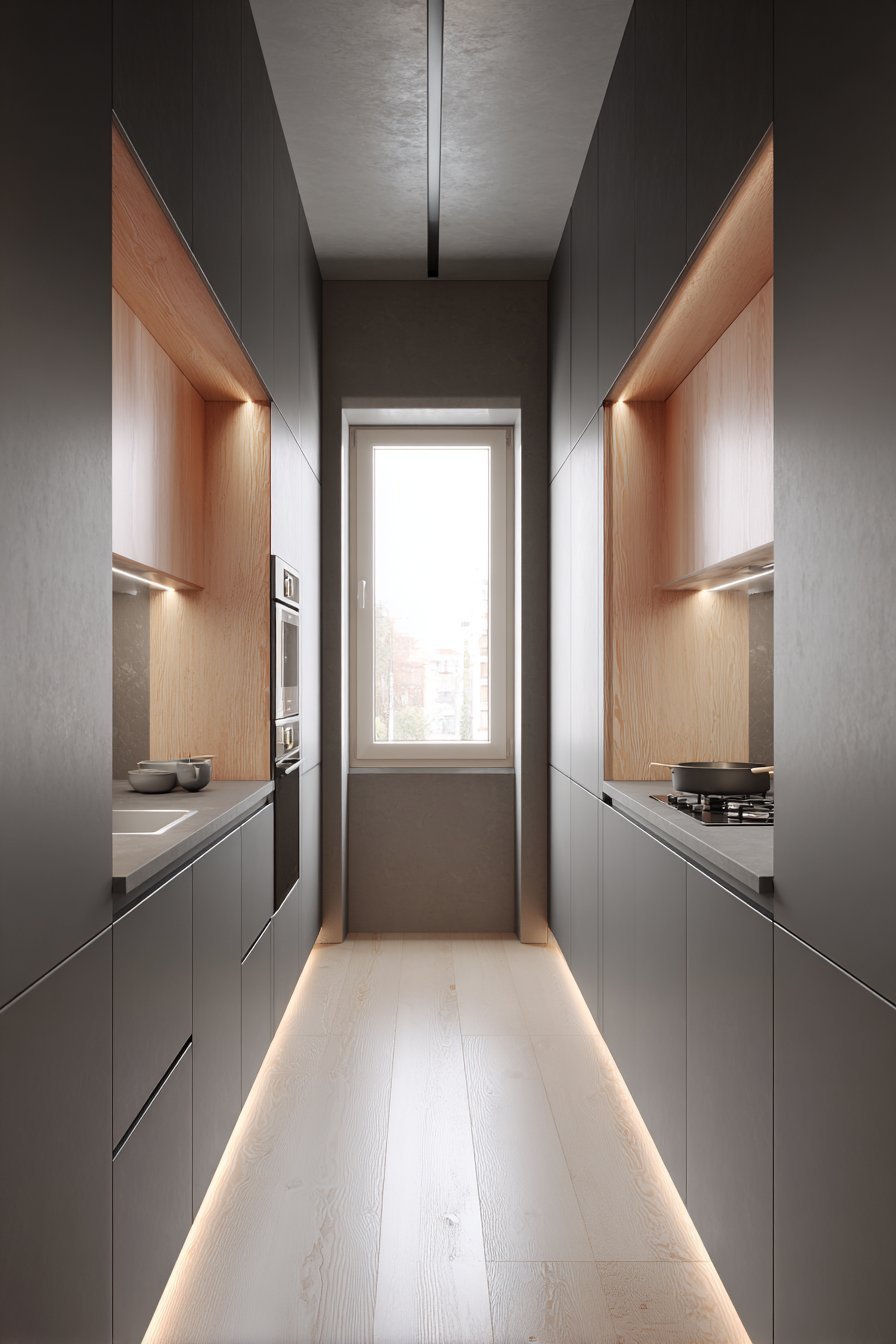 Efficient Galley Kitchen with Concealed Appliances