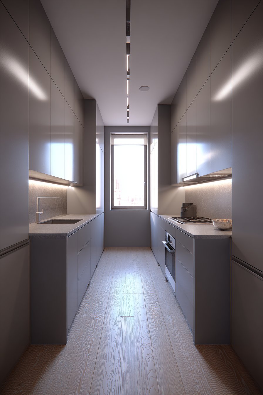 Efficient Galley Kitchen with Concealed Appliances