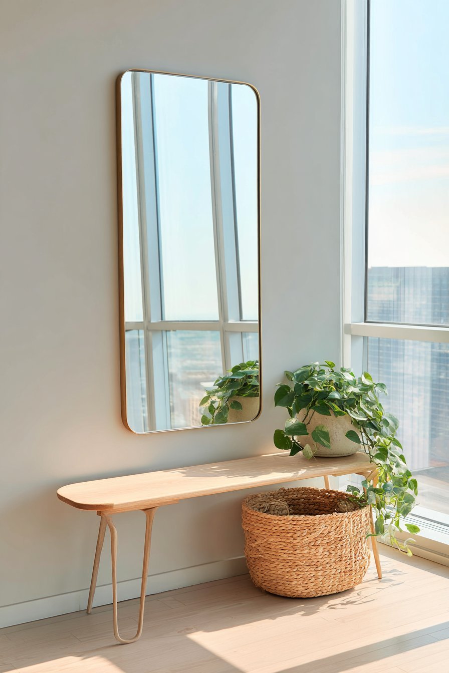 Oversized Mirror with Narrow Bench