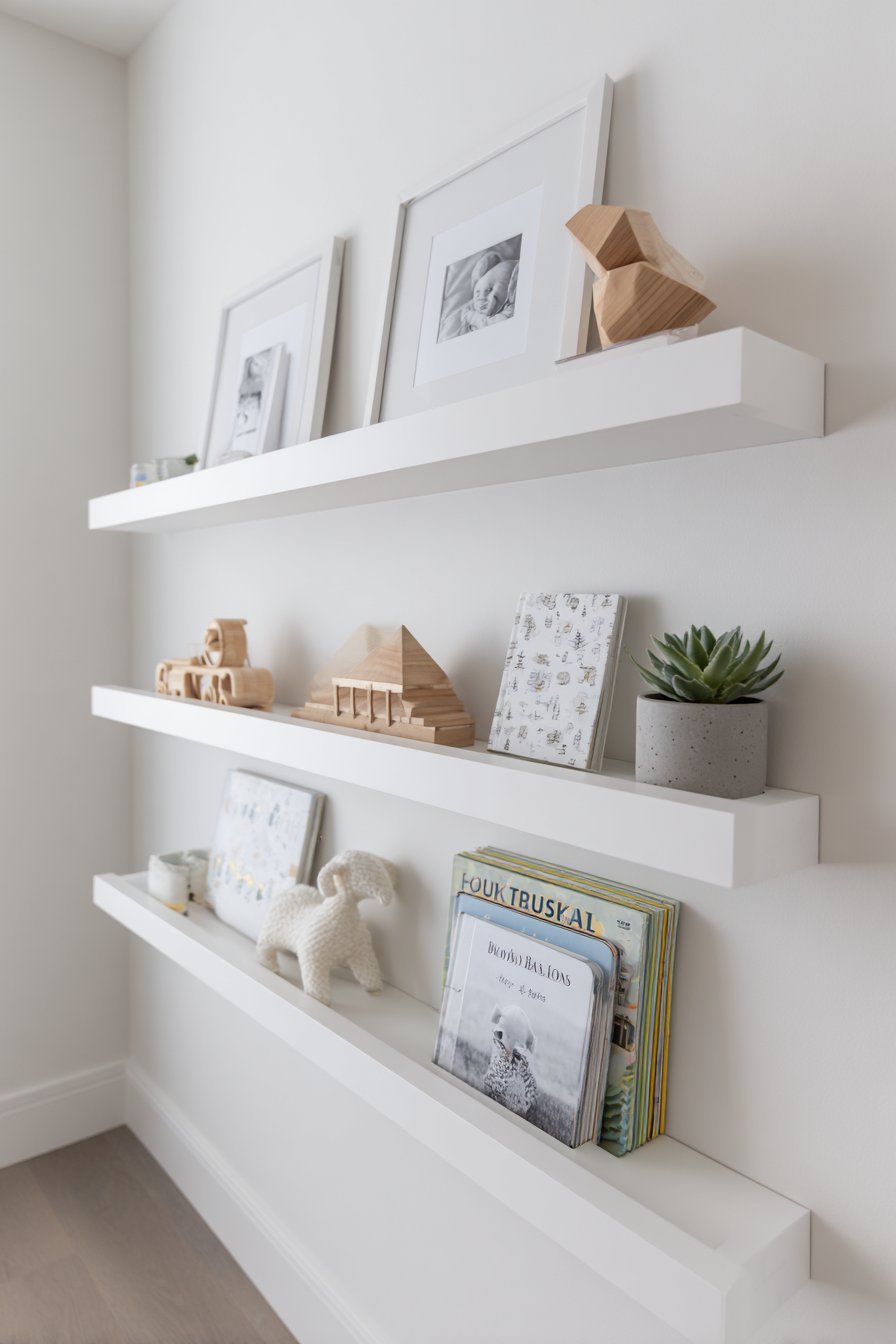 Minimalist White Floating Shelves with Gallery Effect