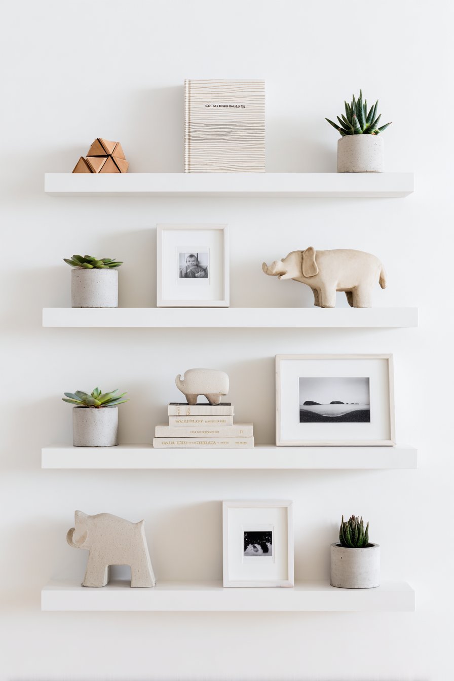 Minimalist White Floating Shelves with Gallery Effect