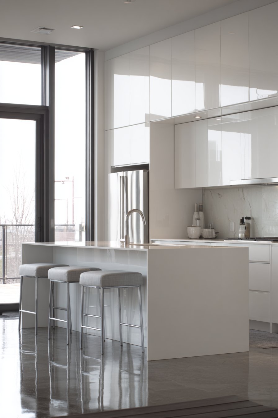 Glossy White Kitchen with Breakfast Bar Island