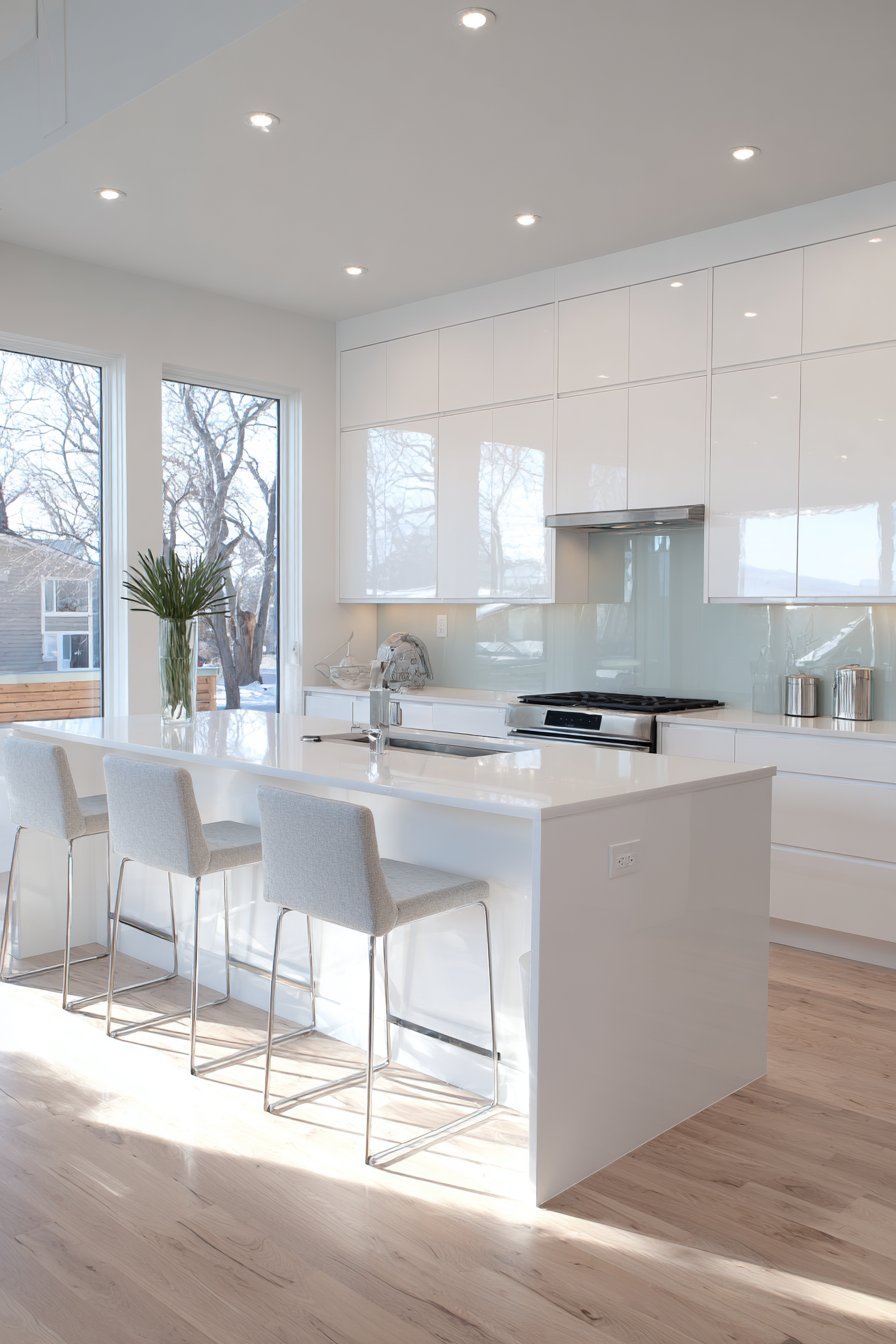 Glossy White Kitchen with Breakfast Bar Island