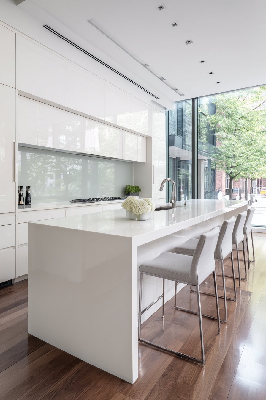 Glossy White Kitchen with Breakfast Bar Island