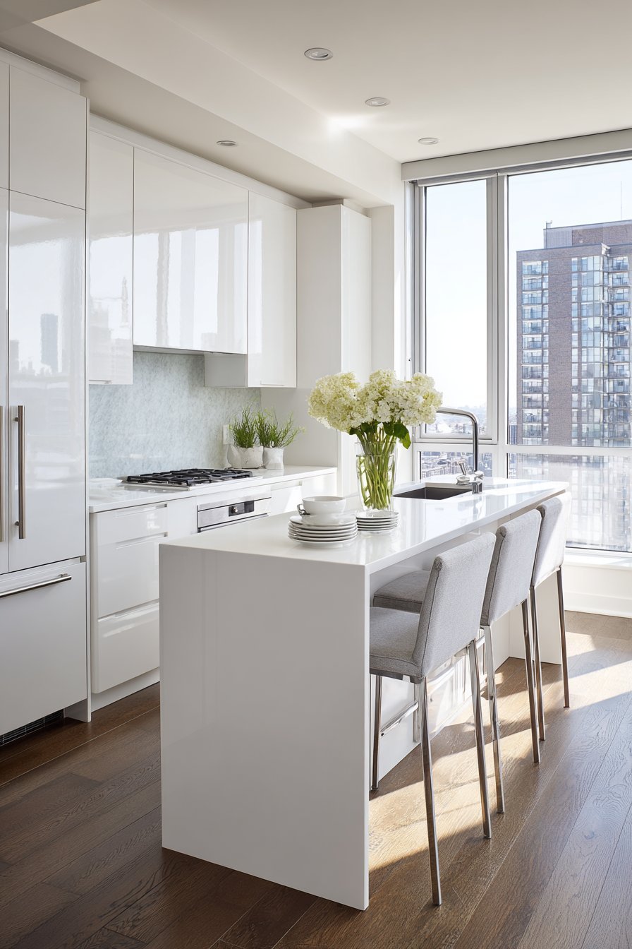 Glossy White Kitchen with Breakfast Bar Island