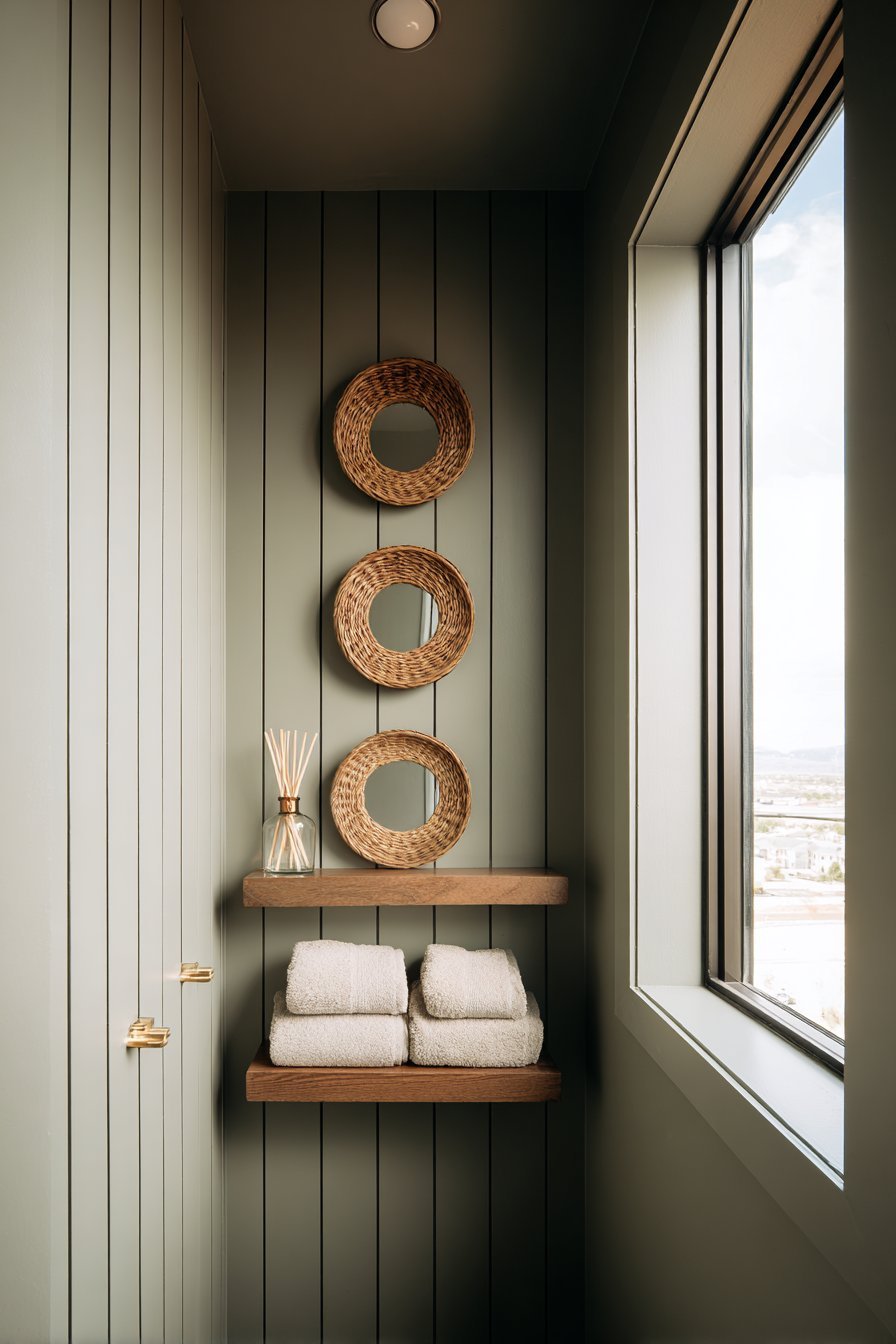 Sage Green Shiplap with Rattan Mirrors