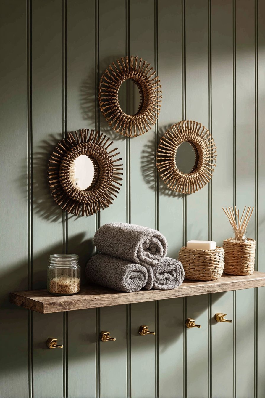 Sage Green Shiplap with Rattan Mirrors