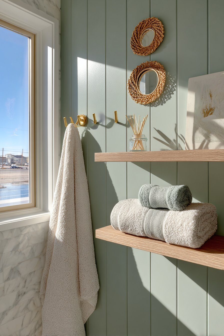 Sage Green Shiplap with Rattan Mirrors