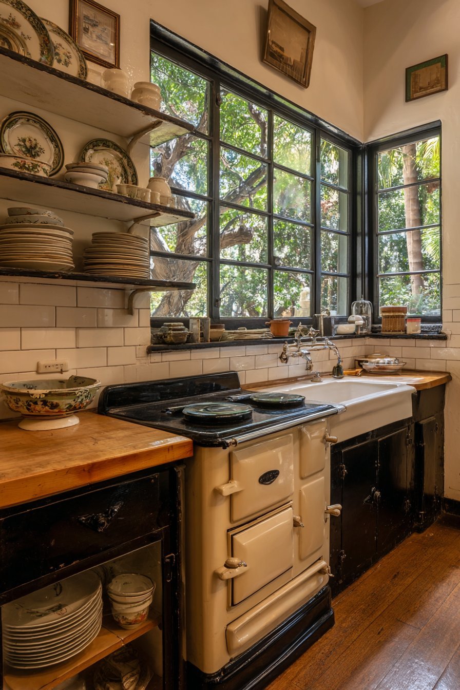 Cream Enameled Stove Traditional Kitchen Workspace