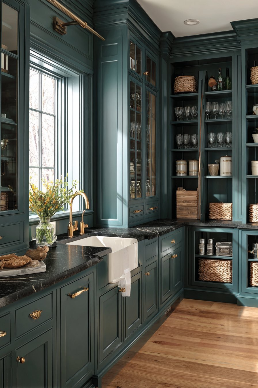 Forest Green Pantry With Brass Hardware