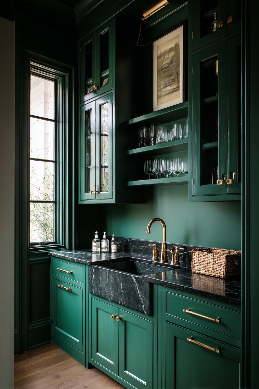 Forest Green Pantry With Brass Hardware
