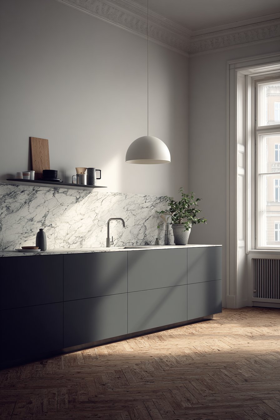Charcoal and White Kitchen with Open Shelving