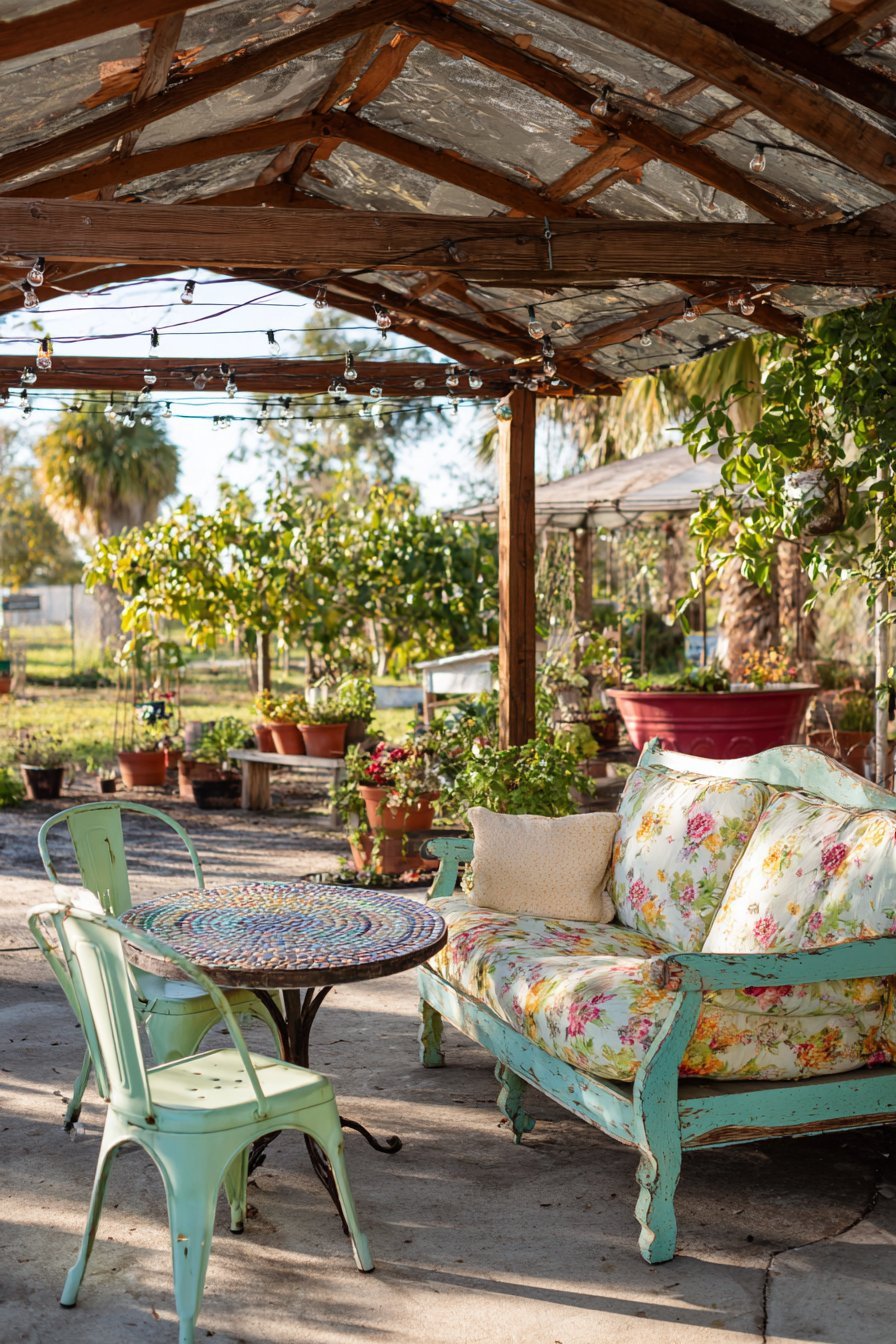 Weathered Teak Conversation Area with String Lights