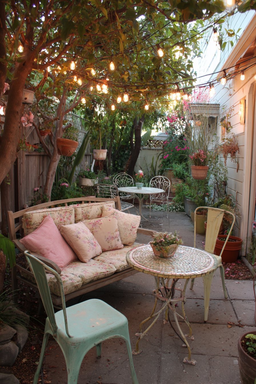 Weathered Teak Conversation Area with String Lights