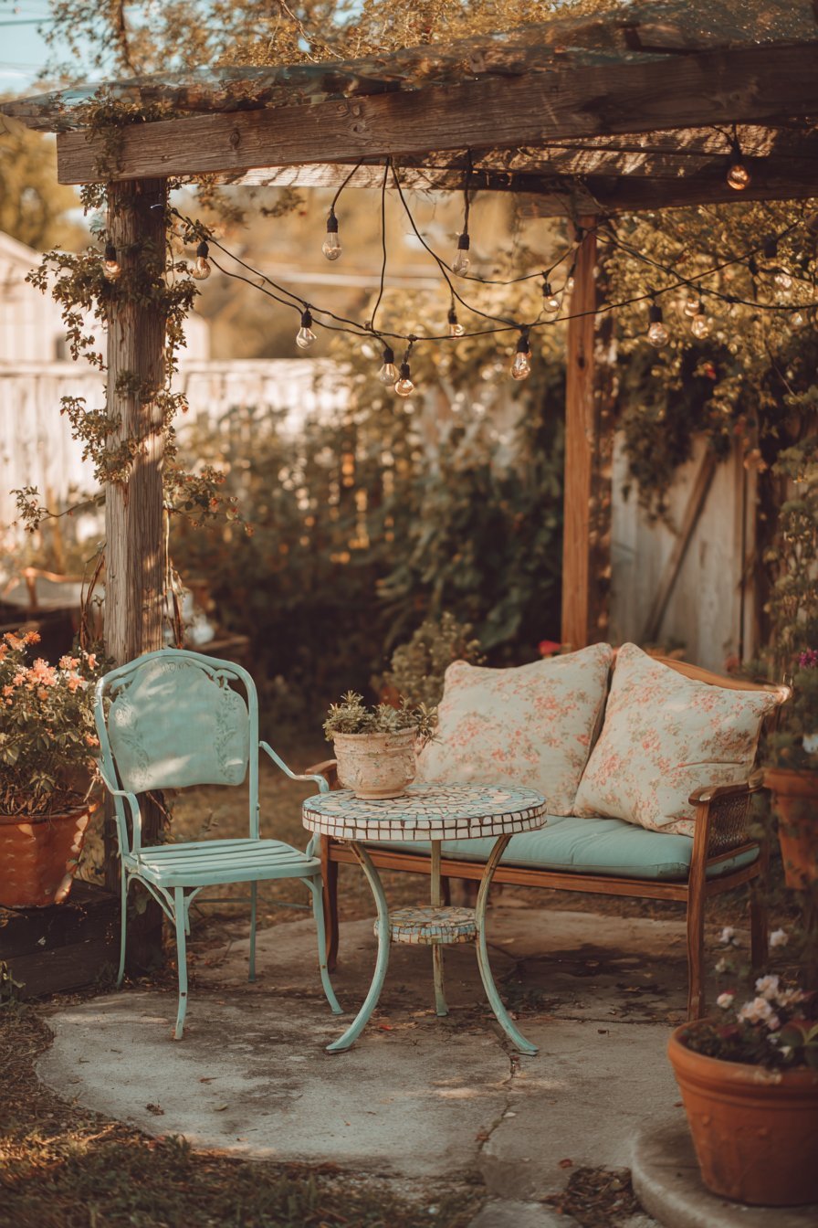Weathered Teak Conversation Area with String Lights