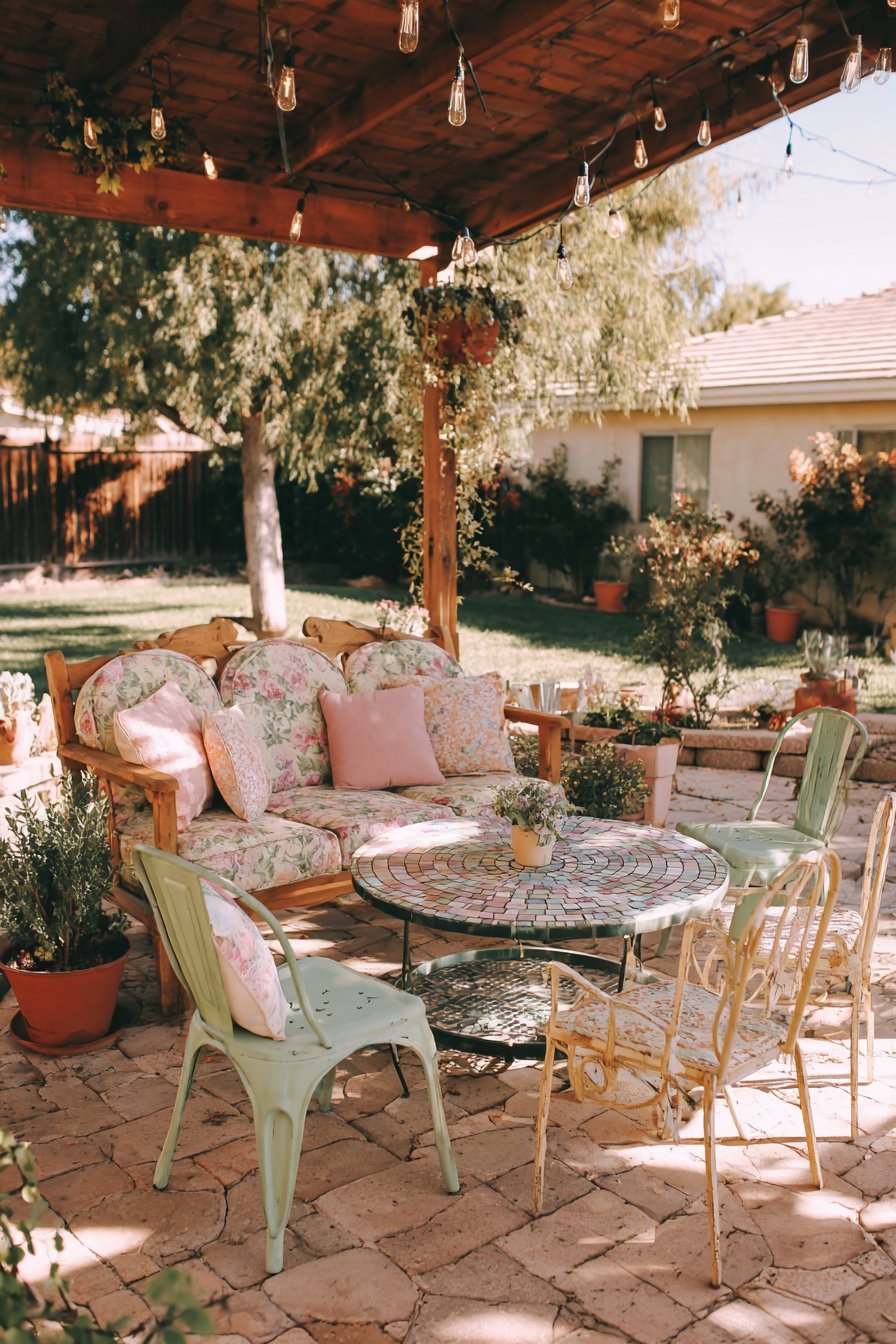 Weathered Teak Conversation Area with String Lights