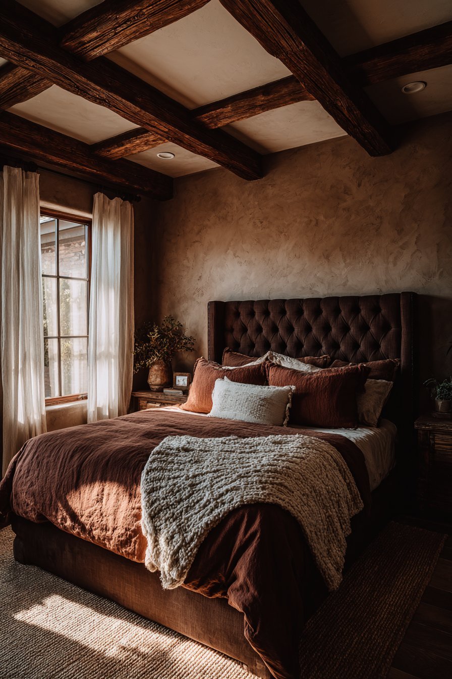 Chocolate Brown Platform Bed with Clay Walls