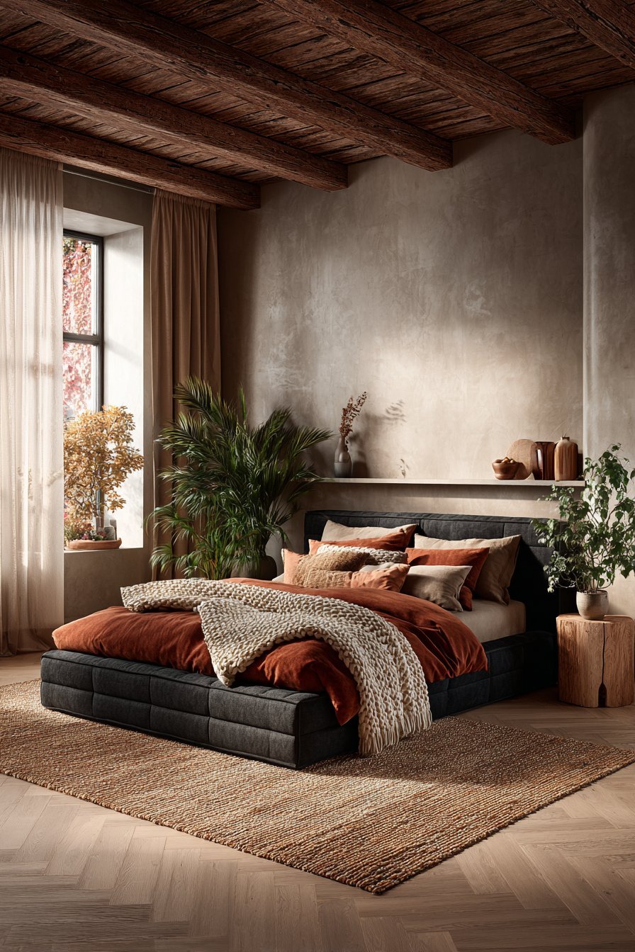 Chocolate Brown Platform Bed with Clay Walls