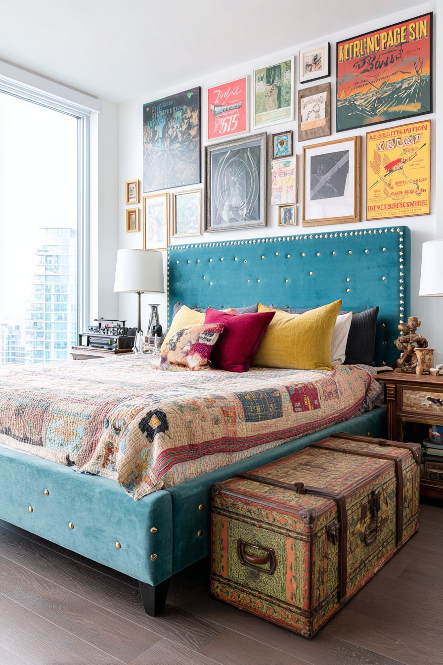 Geometric Velvet Headboard with Gallery Wall