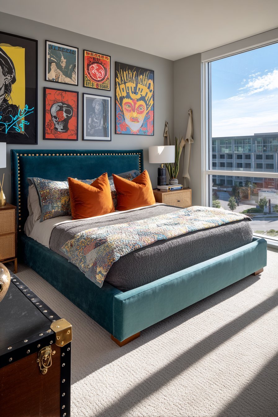 Geometric Velvet Headboard with Gallery Wall