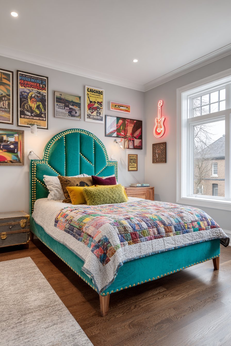 Geometric Velvet Headboard with Gallery Wall