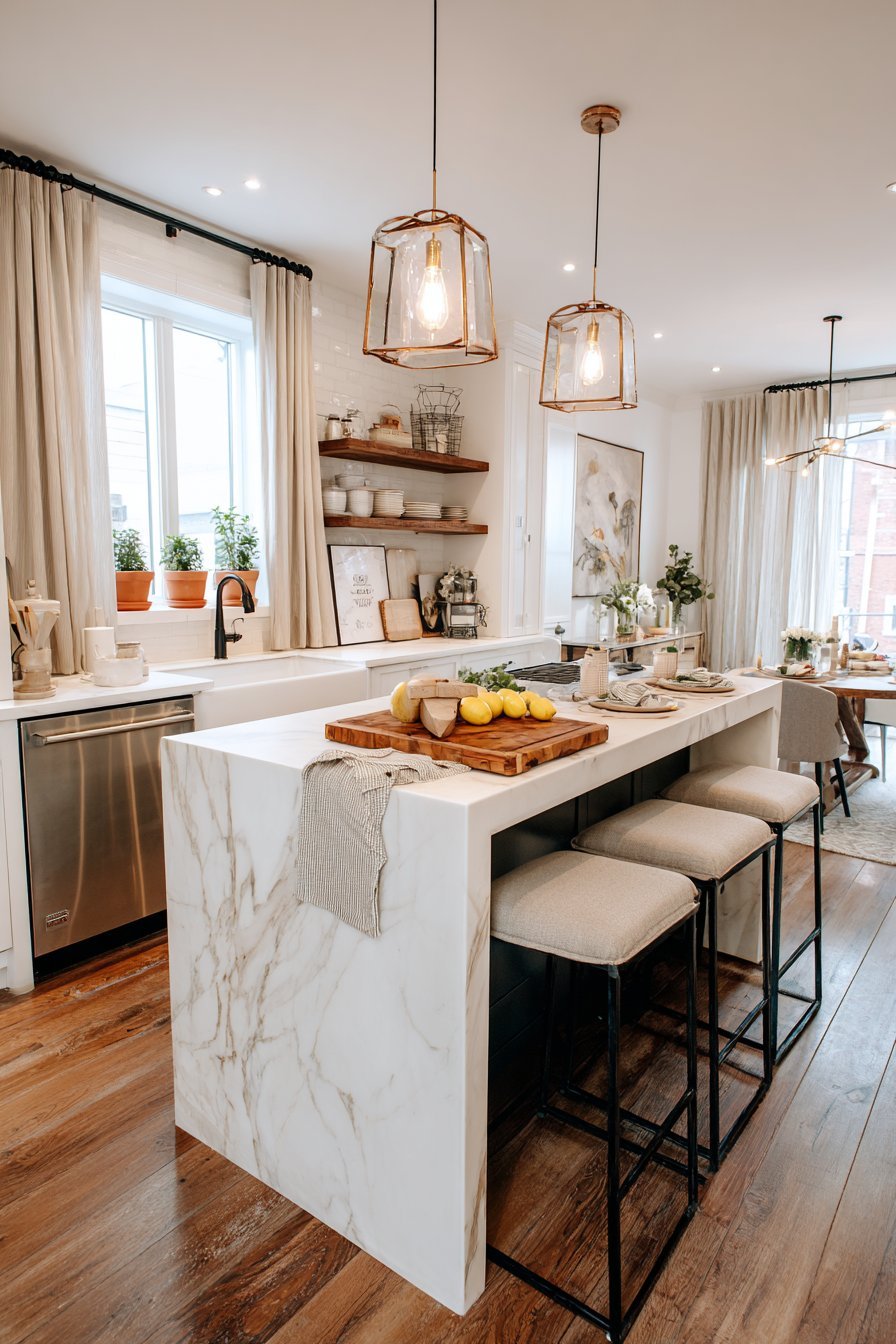 Marble Waterfall Island with Fresh Herb Display