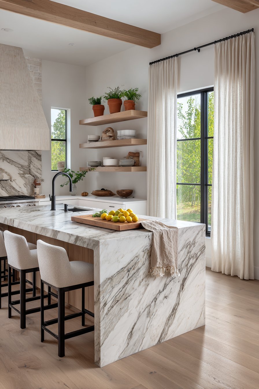 Marble Waterfall Island with Fresh Herb Display