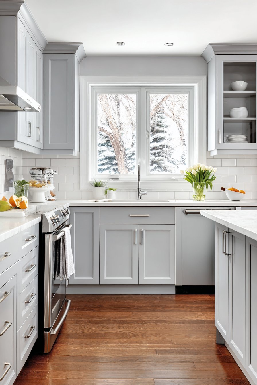 Soft Dove Grey Shaker Kitchen with White Quartz
