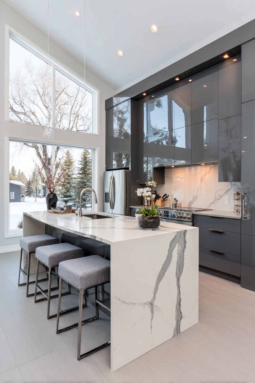 Sleek Charcoal Grey with White Quartz Contrast