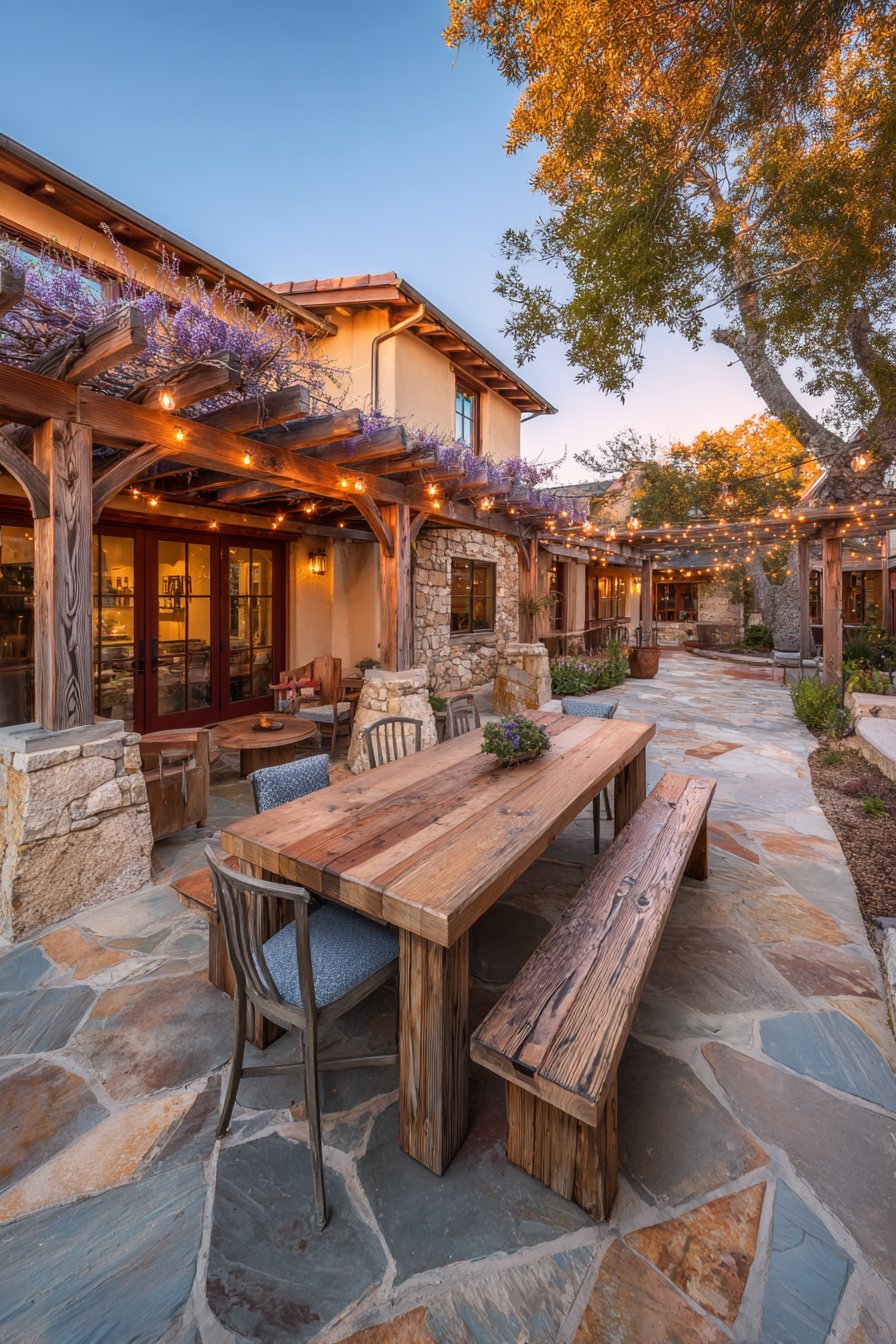 Rustic Pergola Dining Area with Climbing Wisteria