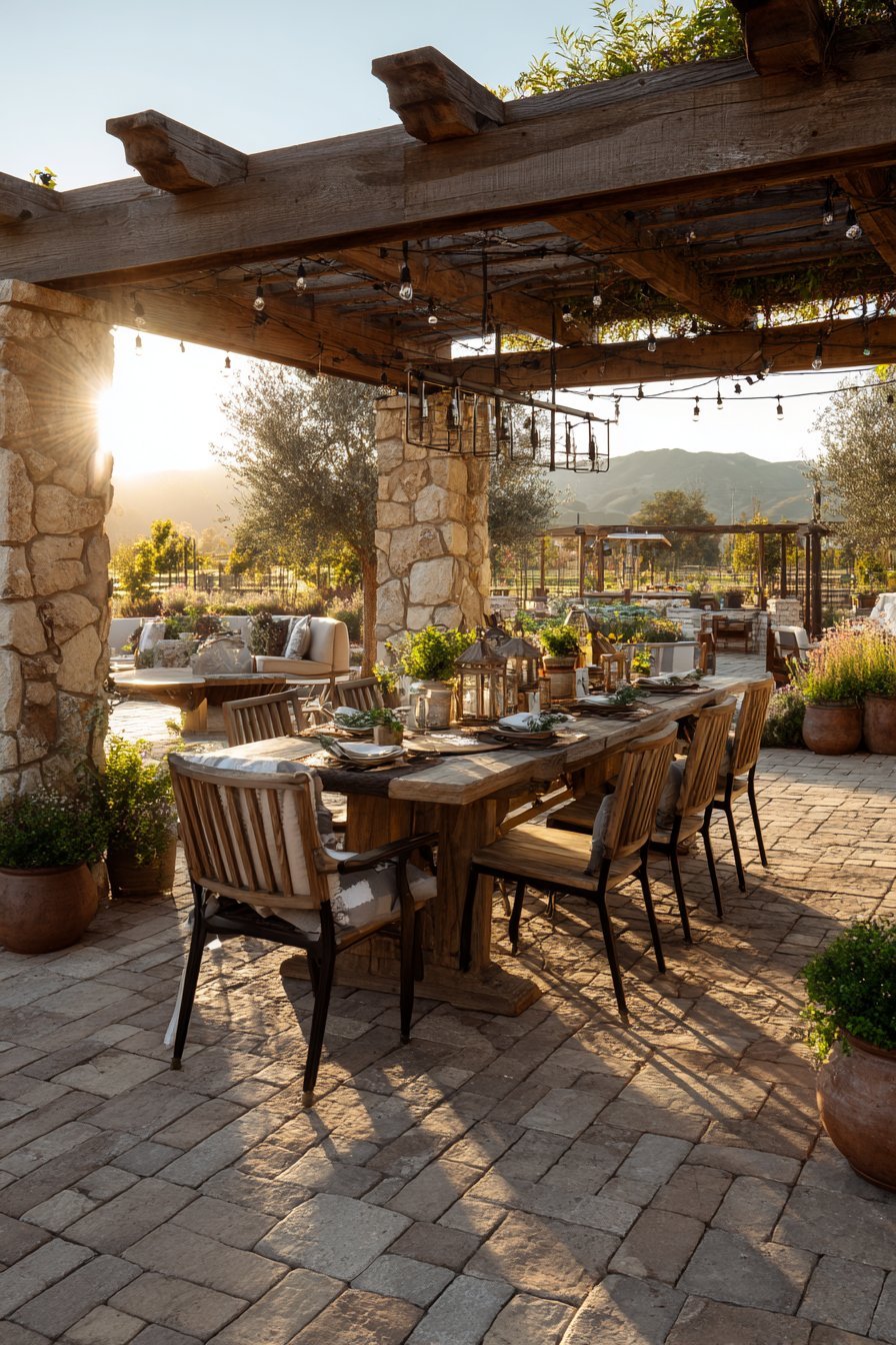 Rustic Pergola Dining Area with Climbing Wisteria