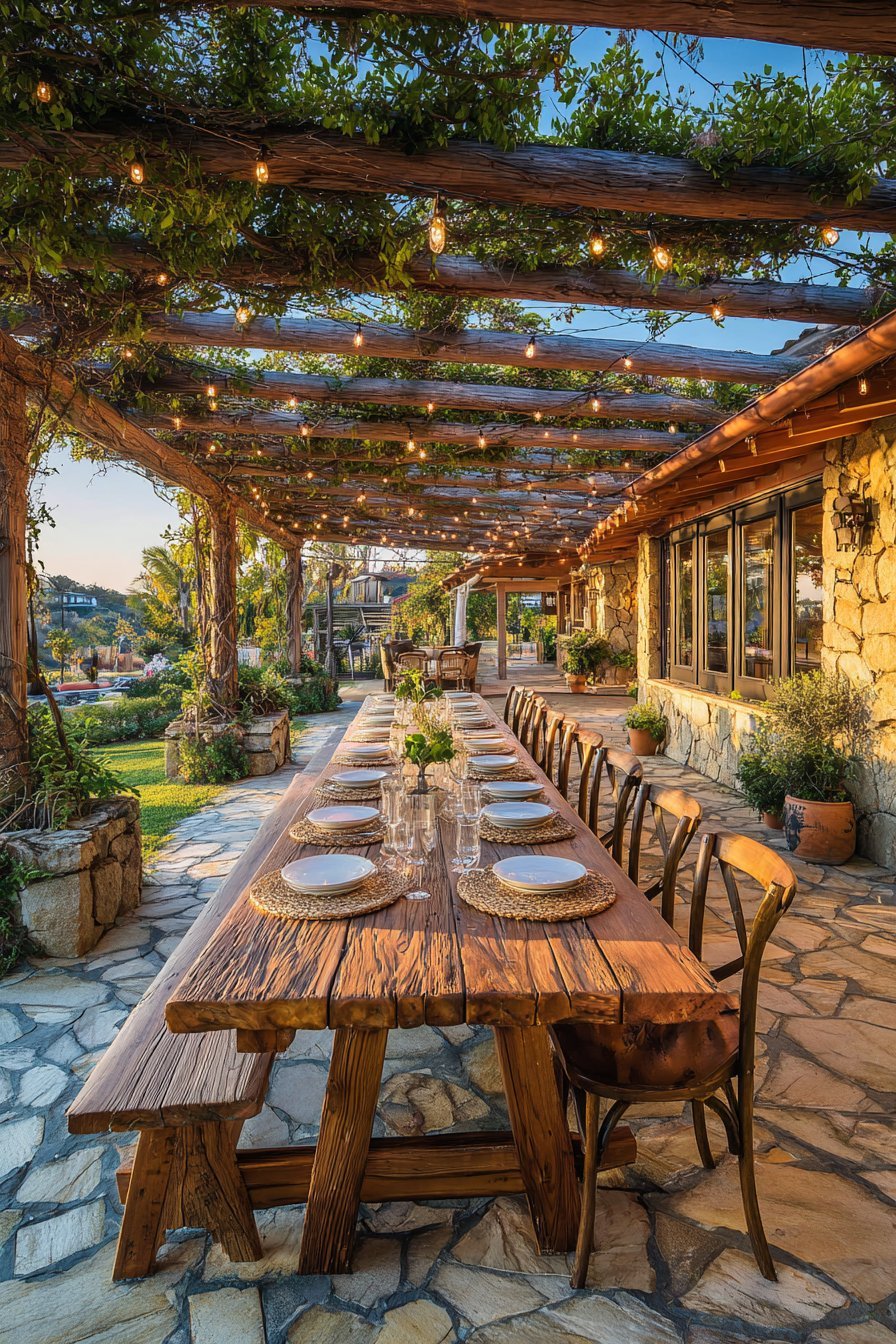 Rustic Pergola Dining Area with Climbing Wisteria