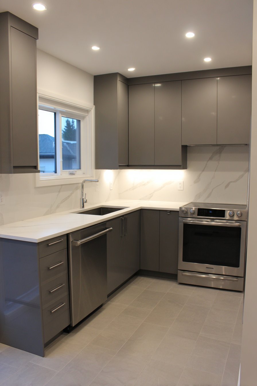L-Shaped Grey Kitchen with Integrated Pantry