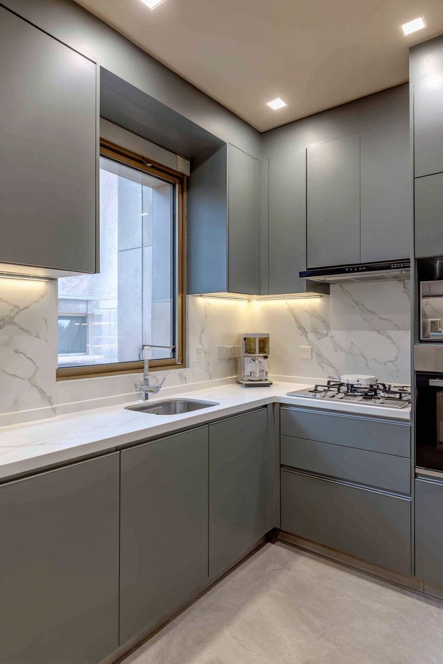 L-Shaped Grey Kitchen with Integrated Pantry