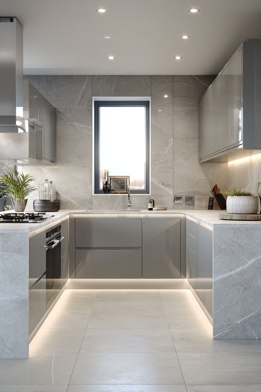 L-Shaped Grey Kitchen with Integrated Pantry