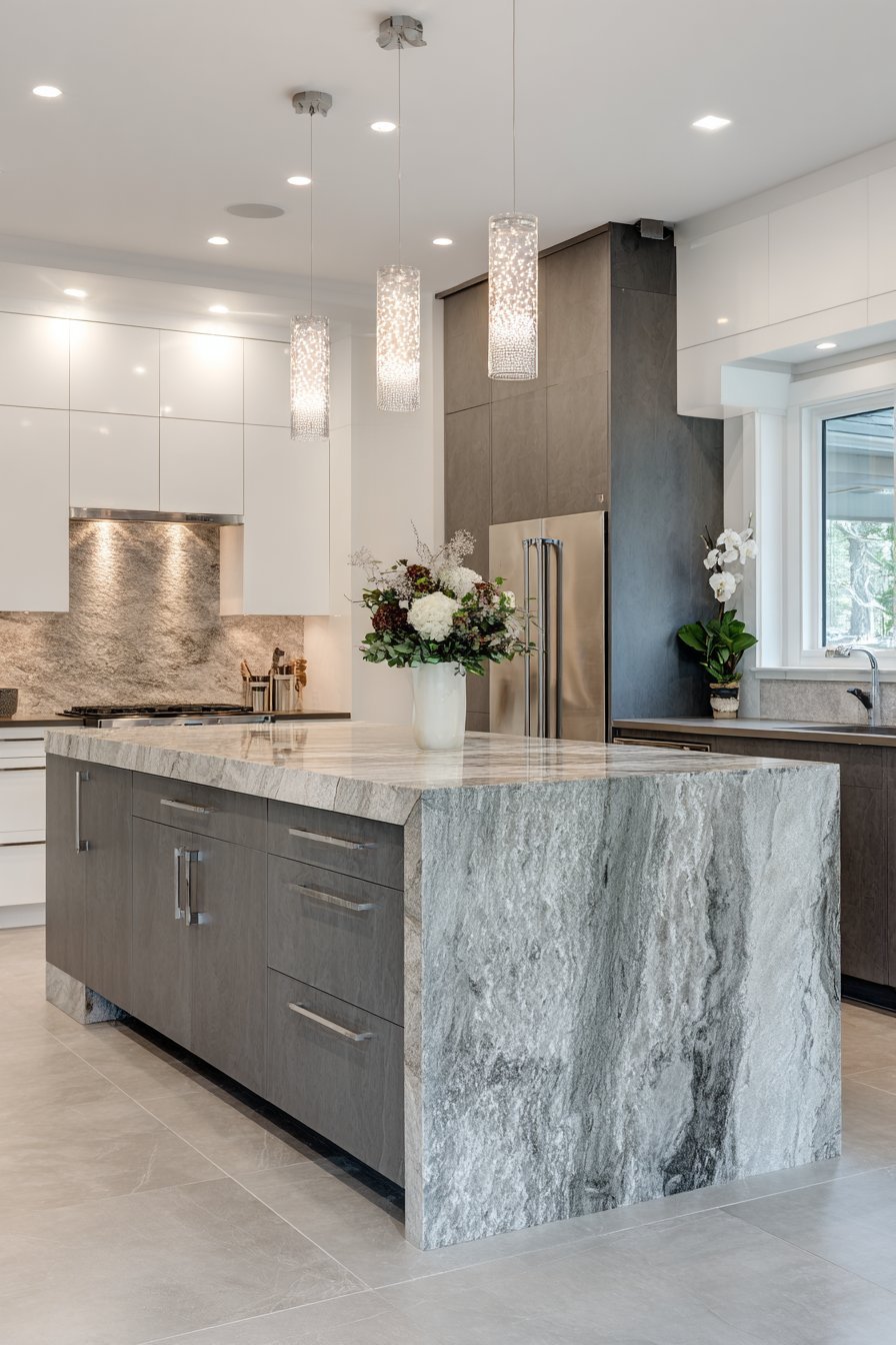 Concrete-Look Grey with Granite Island