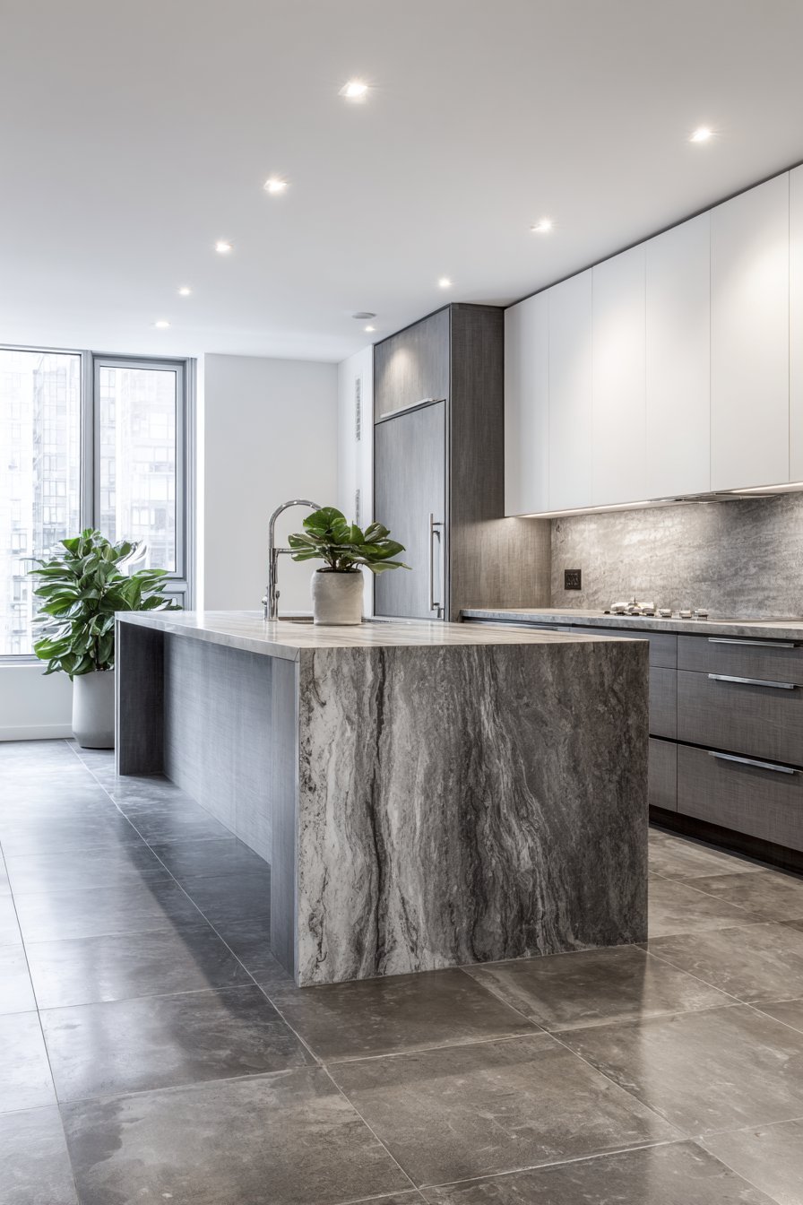 Concrete-Look Grey with Granite Island