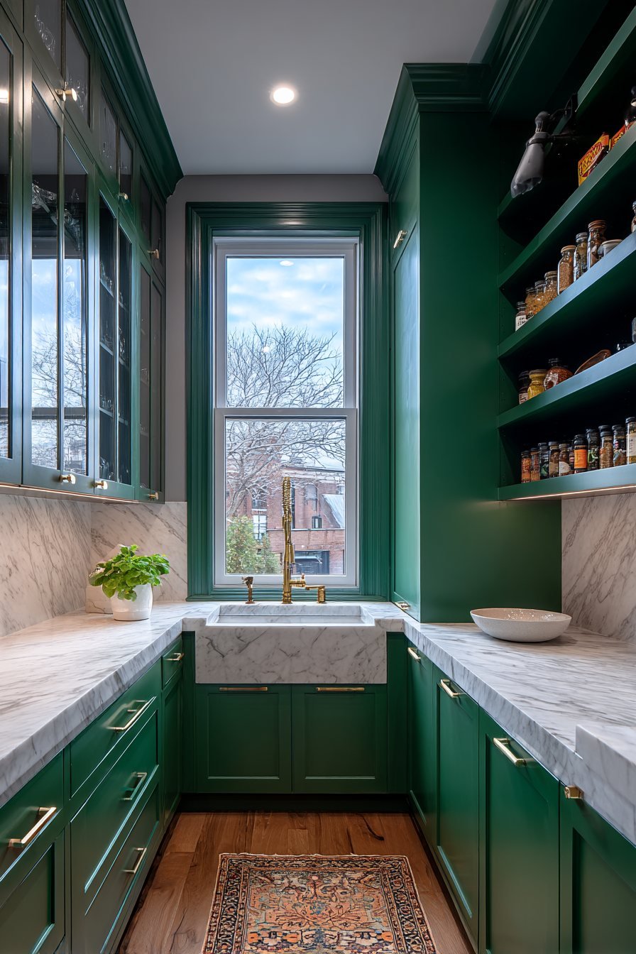 Glass-Front Cabinets with Forest Green Lowers