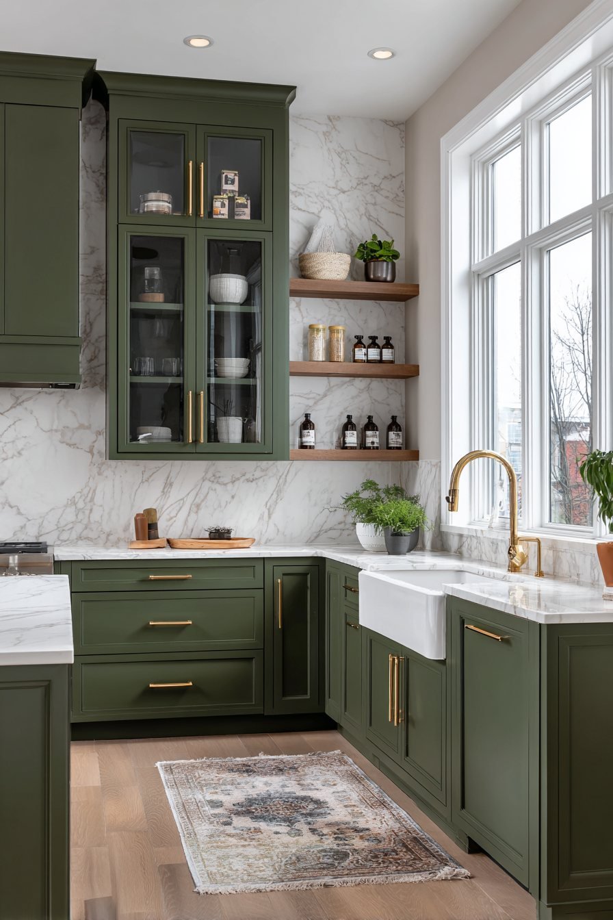 Glass-Front Cabinets with Forest Green Lowers