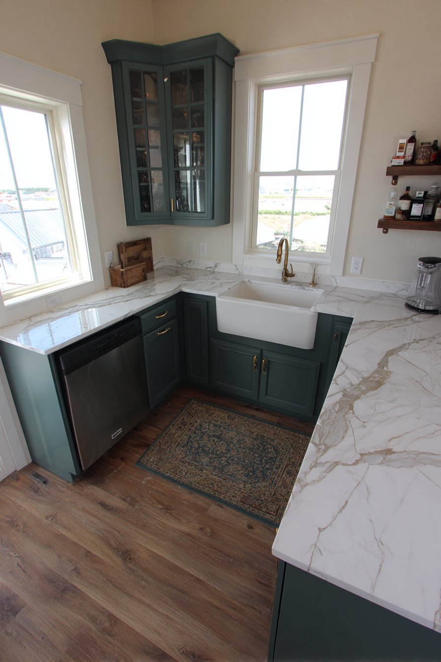 Glass-Front Cabinets with Forest Green Lowers