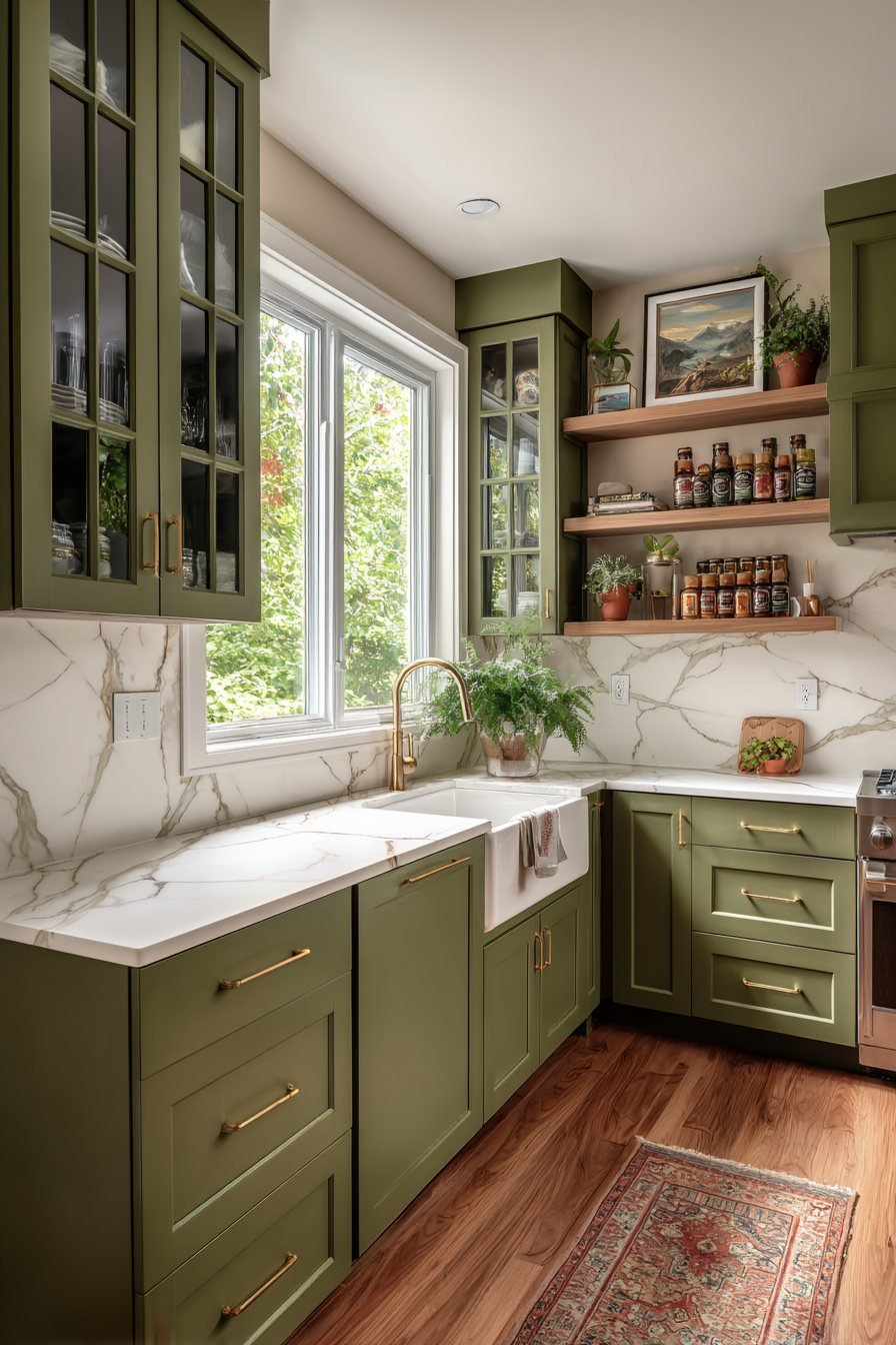 Glass-Front Cabinets with Forest Green Lowers
