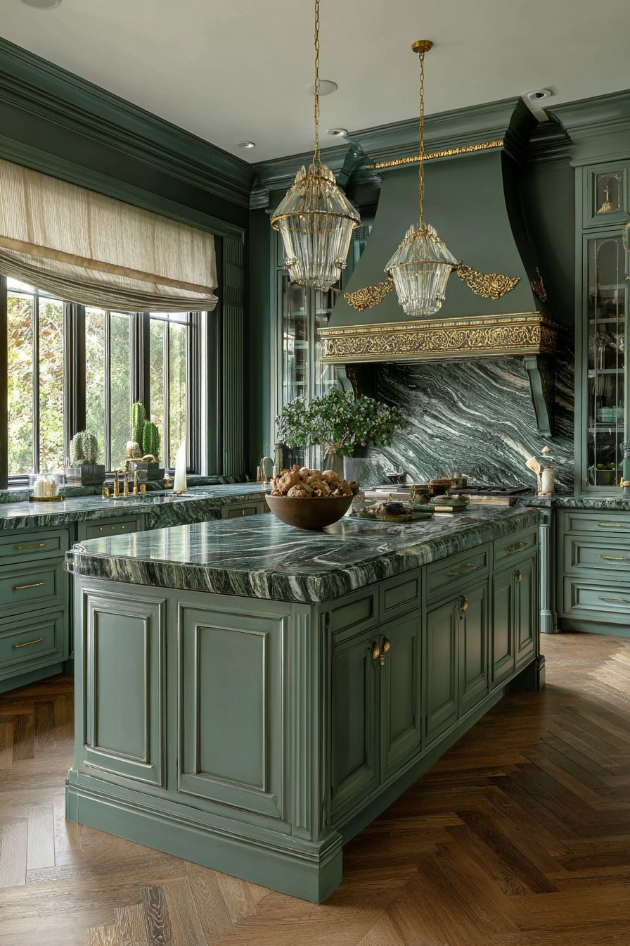 Luxurious Sage Kitchen with Gold Leaf Details