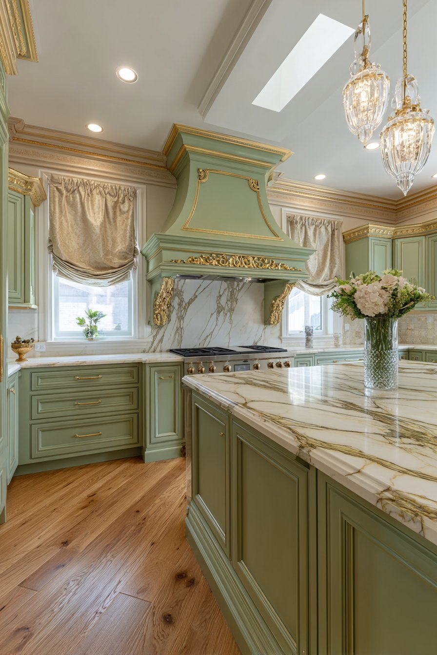 Luxurious Sage Kitchen with Gold Leaf Details