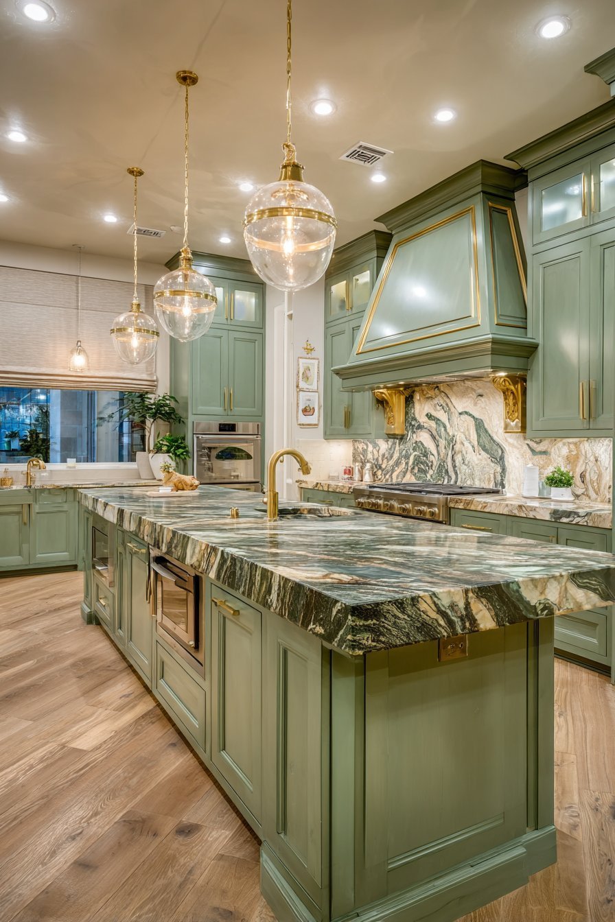 Luxurious Sage Kitchen with Gold Leaf Details