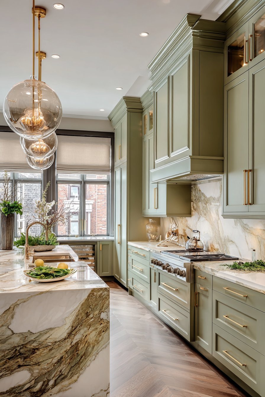 Luxurious Sage Kitchen with Gold Leaf Details