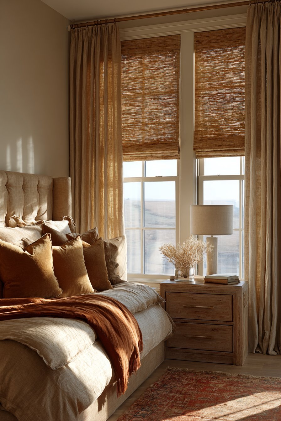 Bamboo Roman Shades with Linen Panels