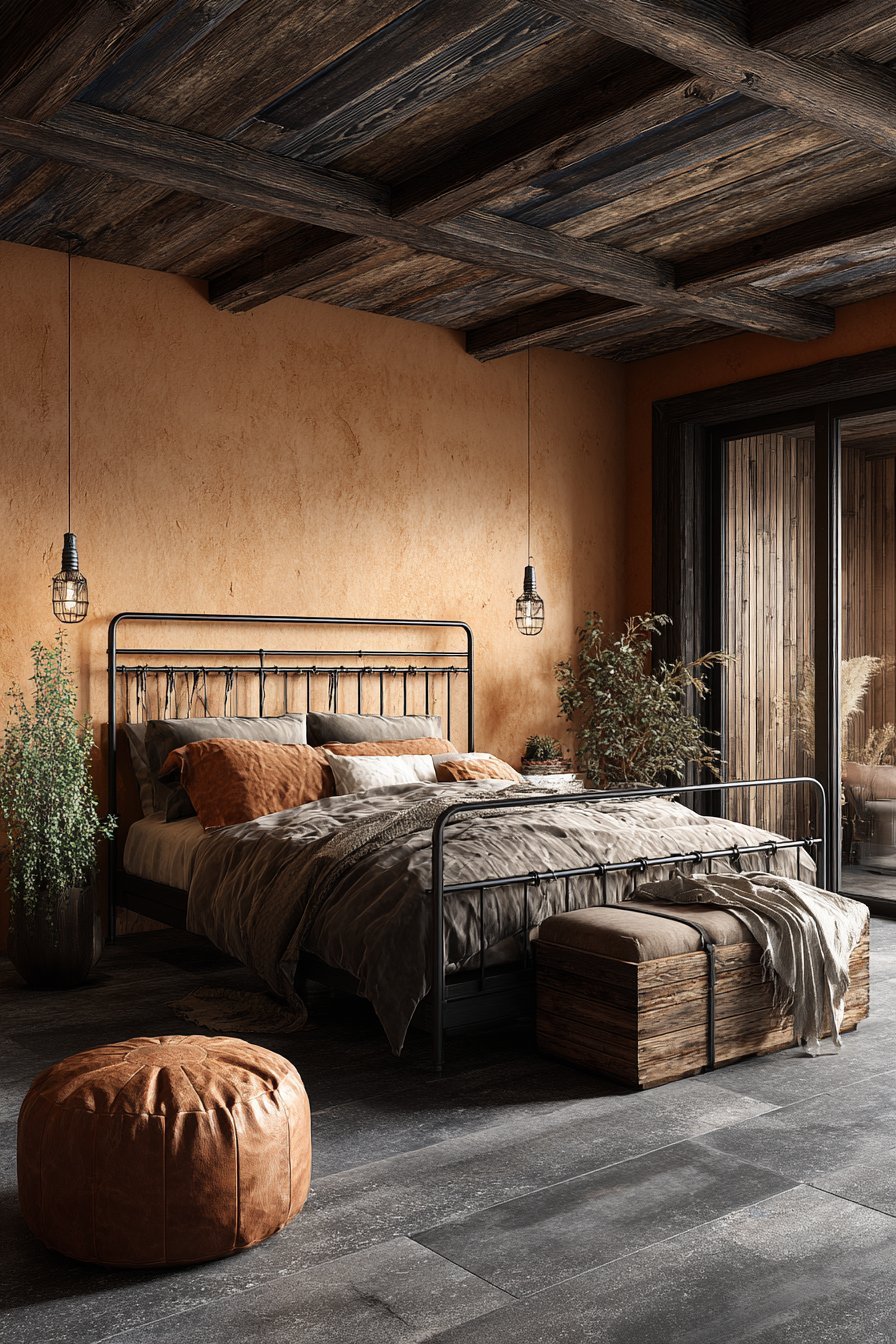 Reclaimed Beam Ceiling with Terracotta